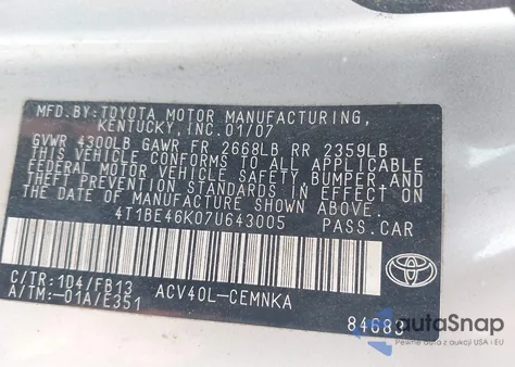 2007 Toyota Camry Ce z USA, uszkodzony, nr VIN 4T1BE46K07U643005